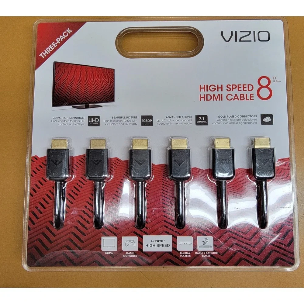 NEW VIZIO 3 PACK 8 FEET HDMI CABLES GOLD PLATED CONNECTION ULTRA HIGH DEF SPEED